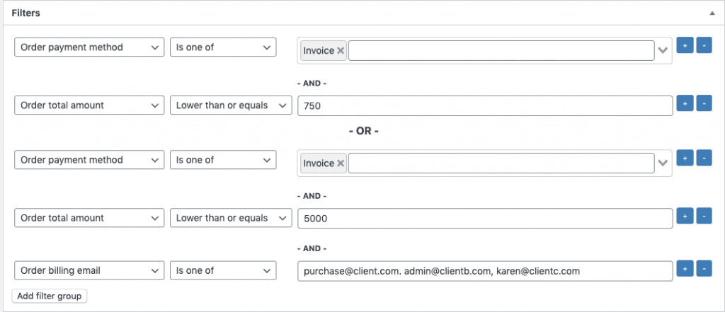 WooCommerce automation. Using 2 filter groups.