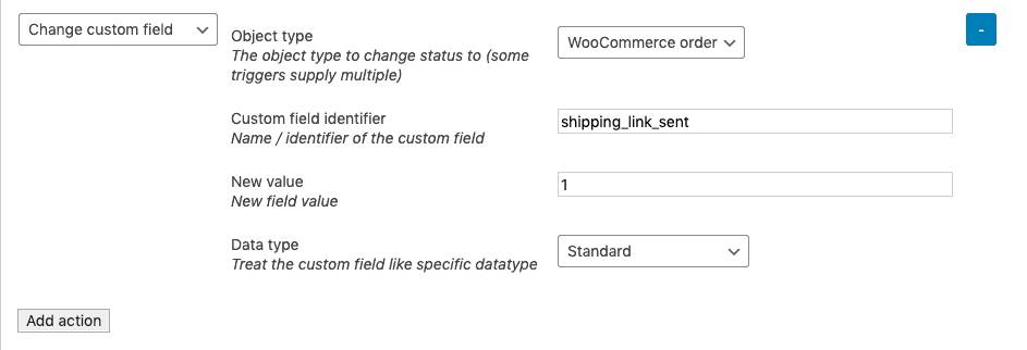 Delivery tracking from WooCommerce. Using WunderAutomation actions to update a custom field. 