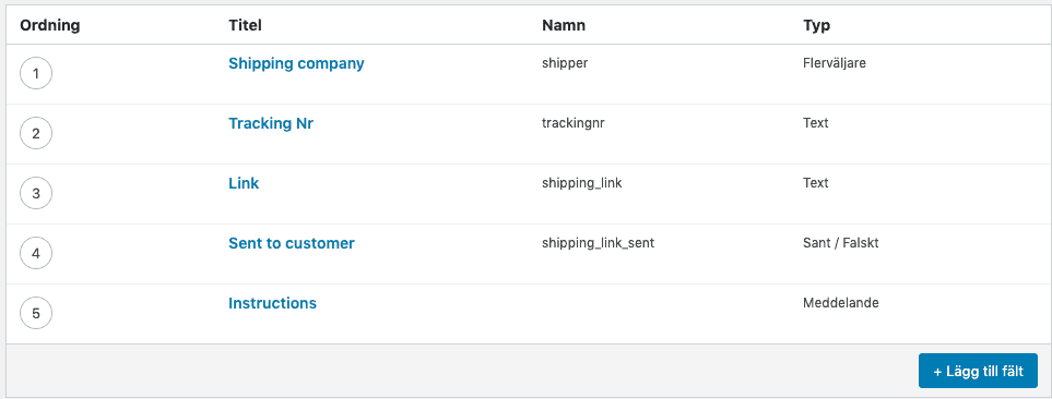 Custom fields to store tracking details set up for a WooCommerce order