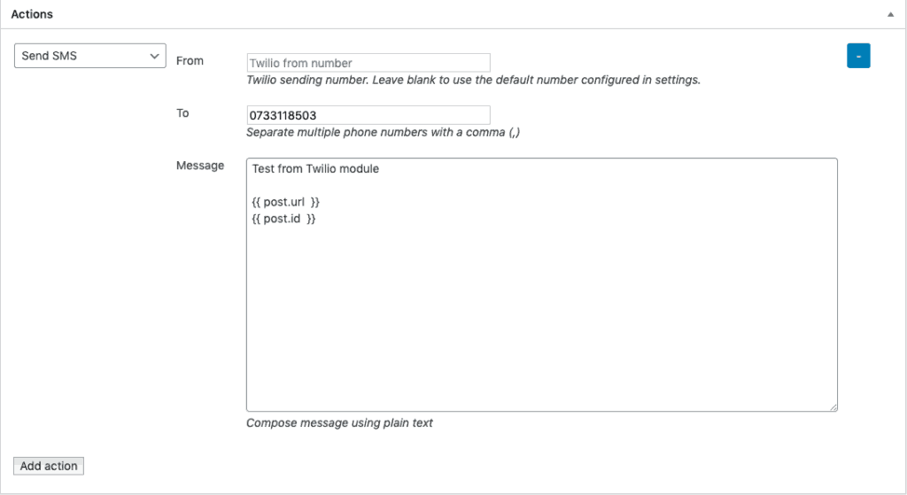 Twilio SMS action - compose your SMS